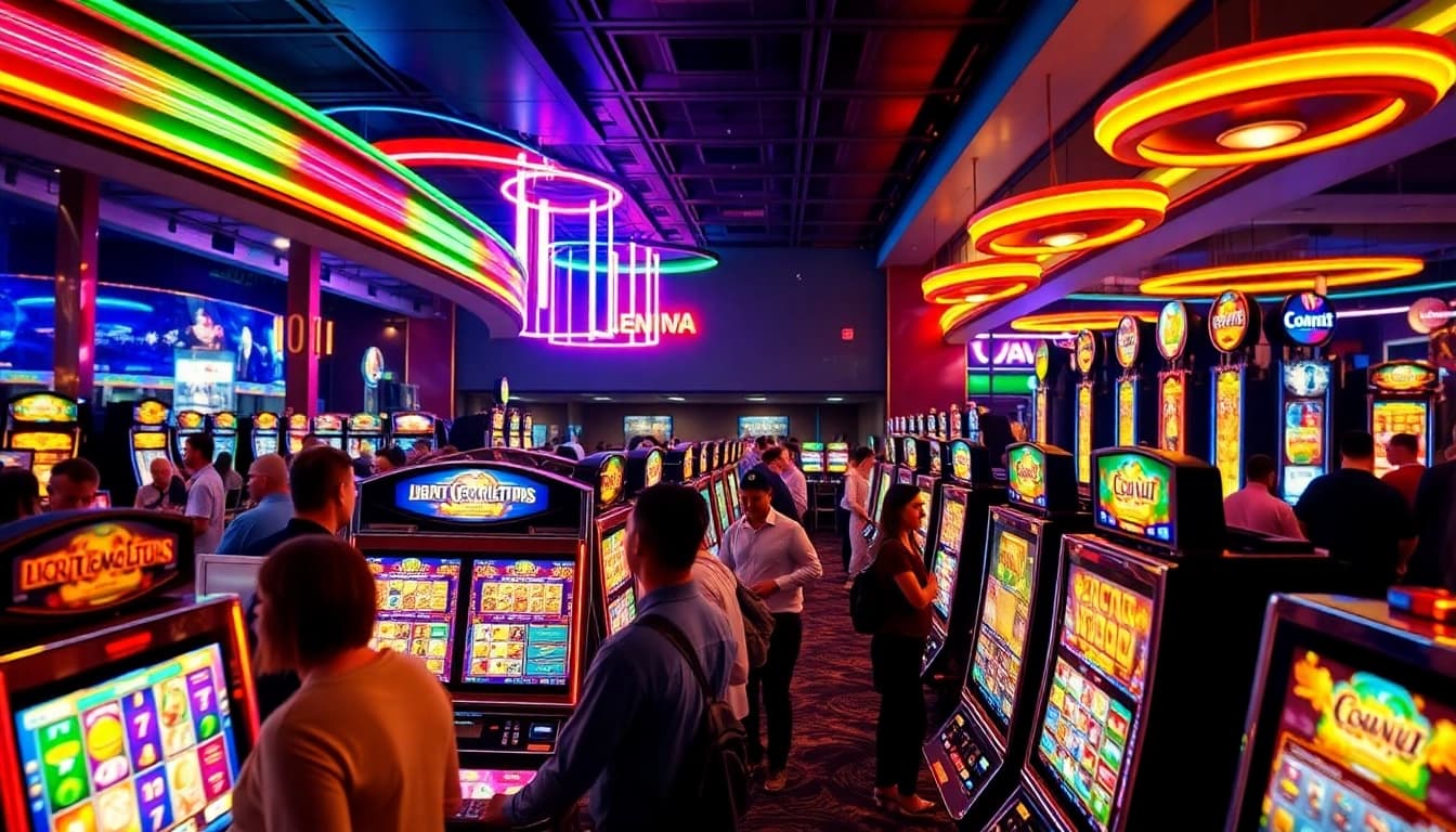 Memainkan slot online di kasino dengan suasana ceria dan mesin slot berwarna-warni.