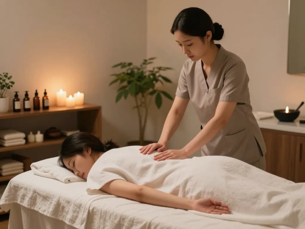 신사동마사지 in a modern spa setting, therapist providing soothing treatment.