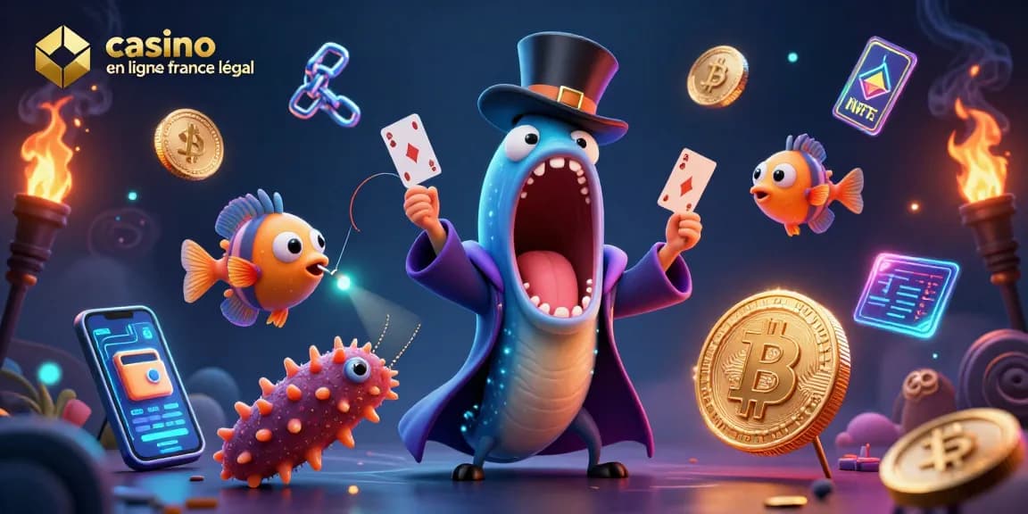 Illustration 3D d'un casino en ligne France légal avec un mur de poissons et des pièces de cryptomonnaies.