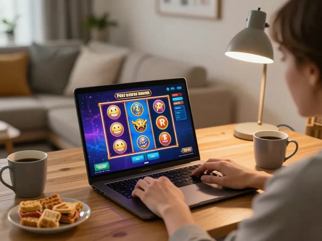 Engaging with a colorful สล็อต online game on a laptop in a cozy home setting