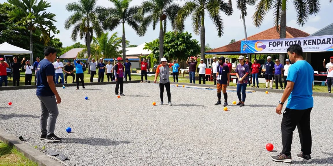 Kegiatan bermain petanque di fopikotakendari.org dengan anggota komunitas bersenang-senang di lapangan.