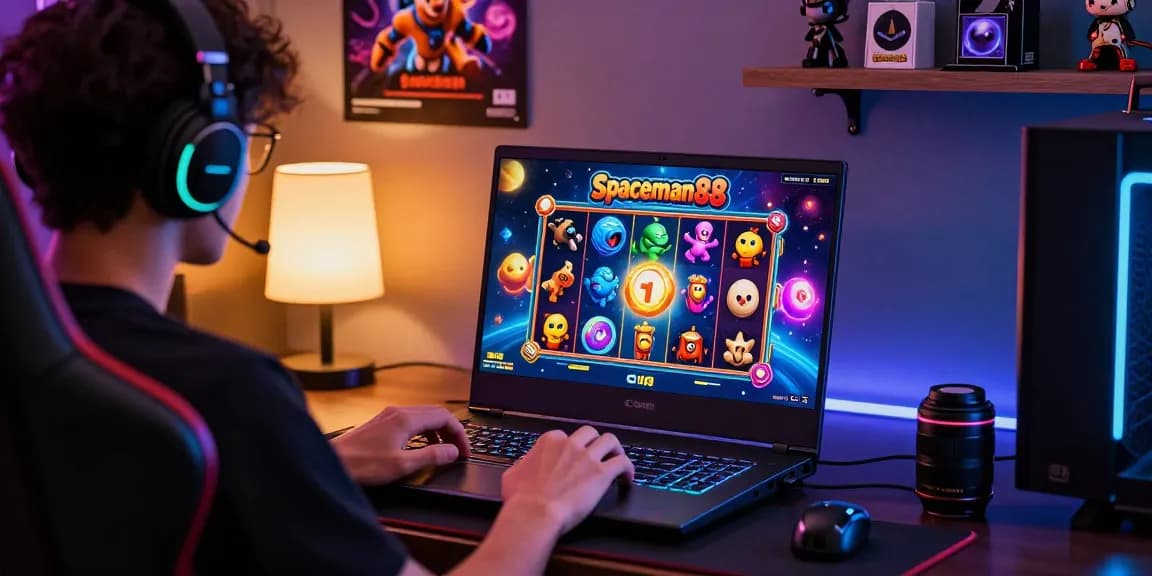 Player engaged in Spaceman88 slot game on a gaming laptop, vibrant graphics and gaming accessories set in an immersive atmosphere.