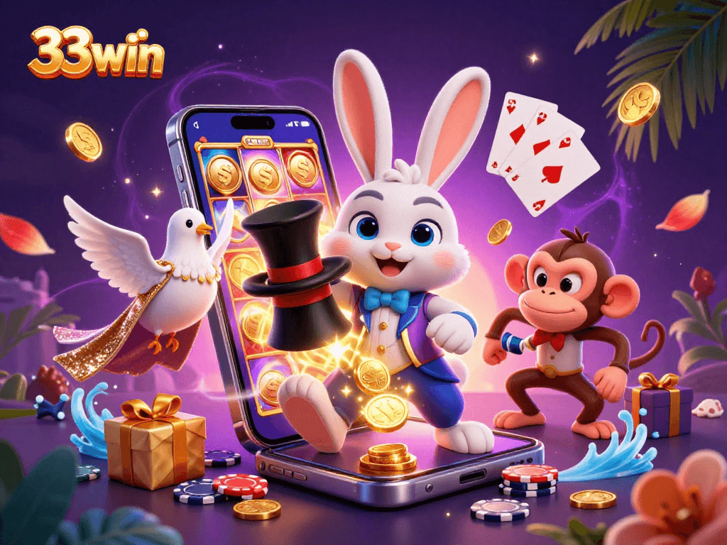 Experience excitement with 33win's 3D casino illustration showcasing magical characters and gaming elements.