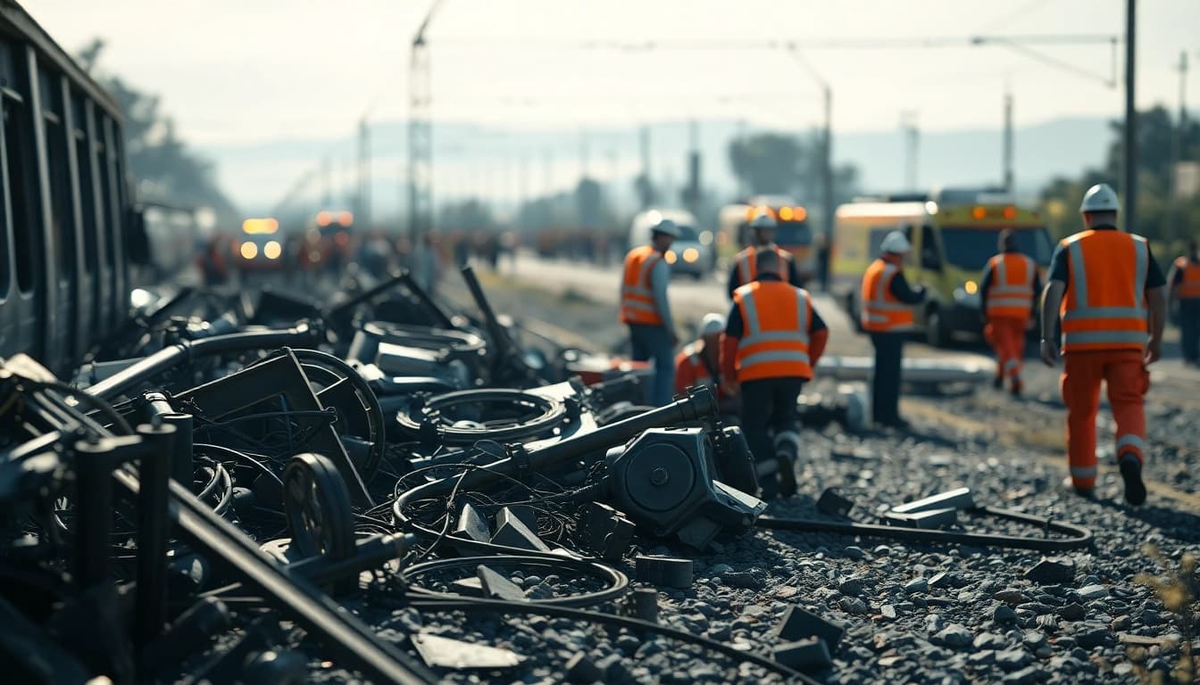 Rescue workers attending to the spain train crash aftermath with bright emergency vehicles in view.
