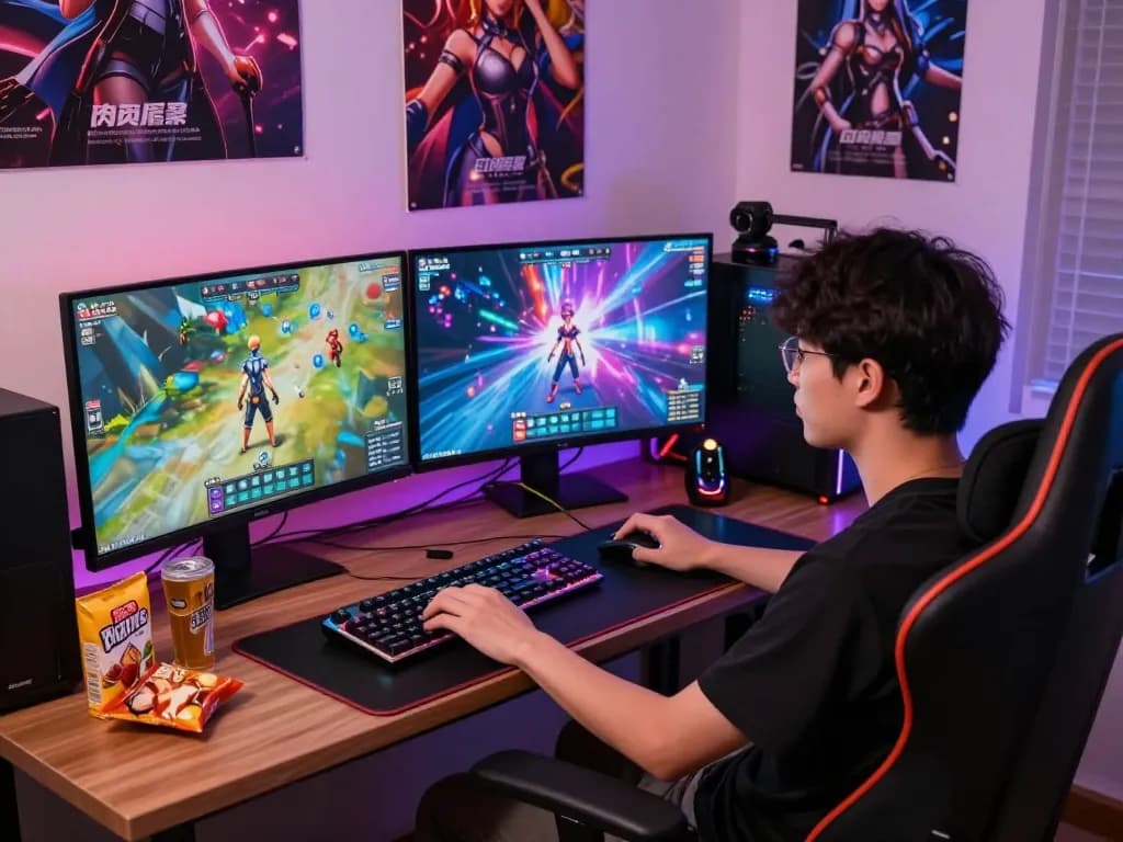 Player enjoying degrees of lewdity game on dual monitor setup with vibrant atmosphere and gaming peripherals.