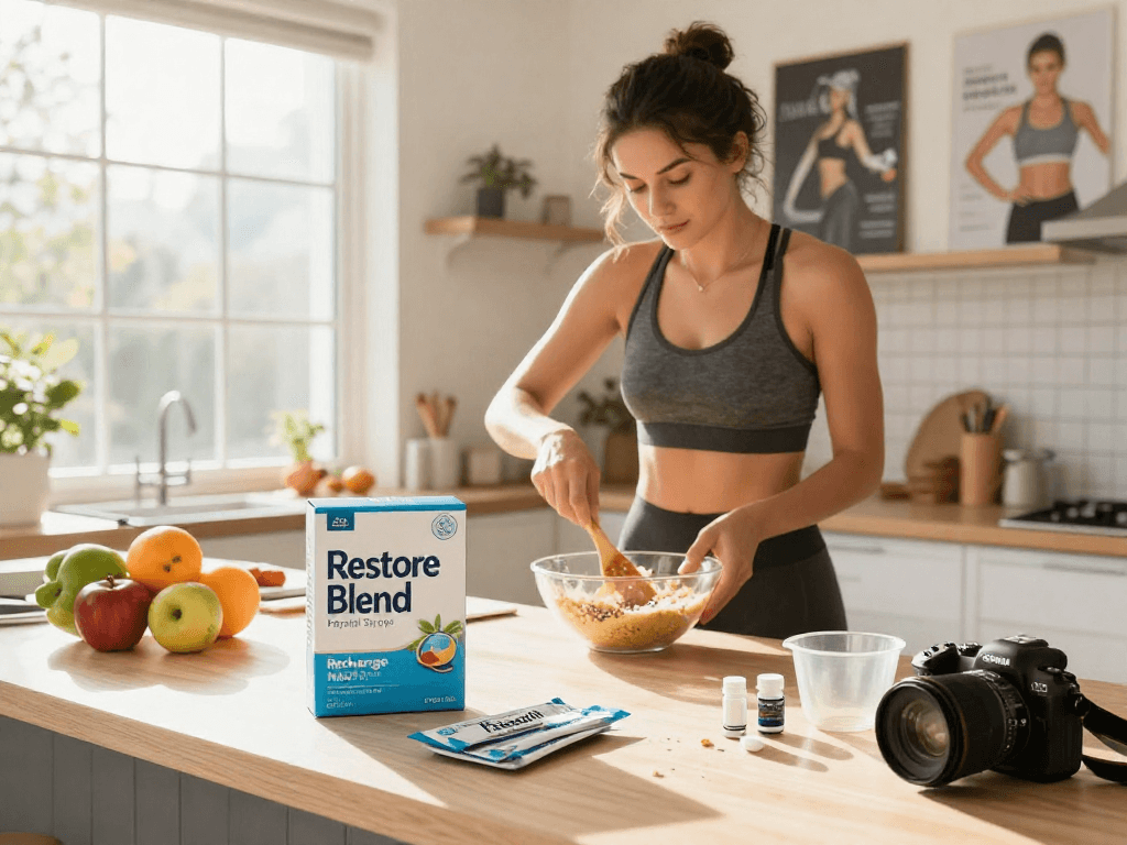TB 500 Benefits highlighted in a vibrant kitchen scene featuring health supplements and an energetic fitness enthusiast mixing ingredients.
