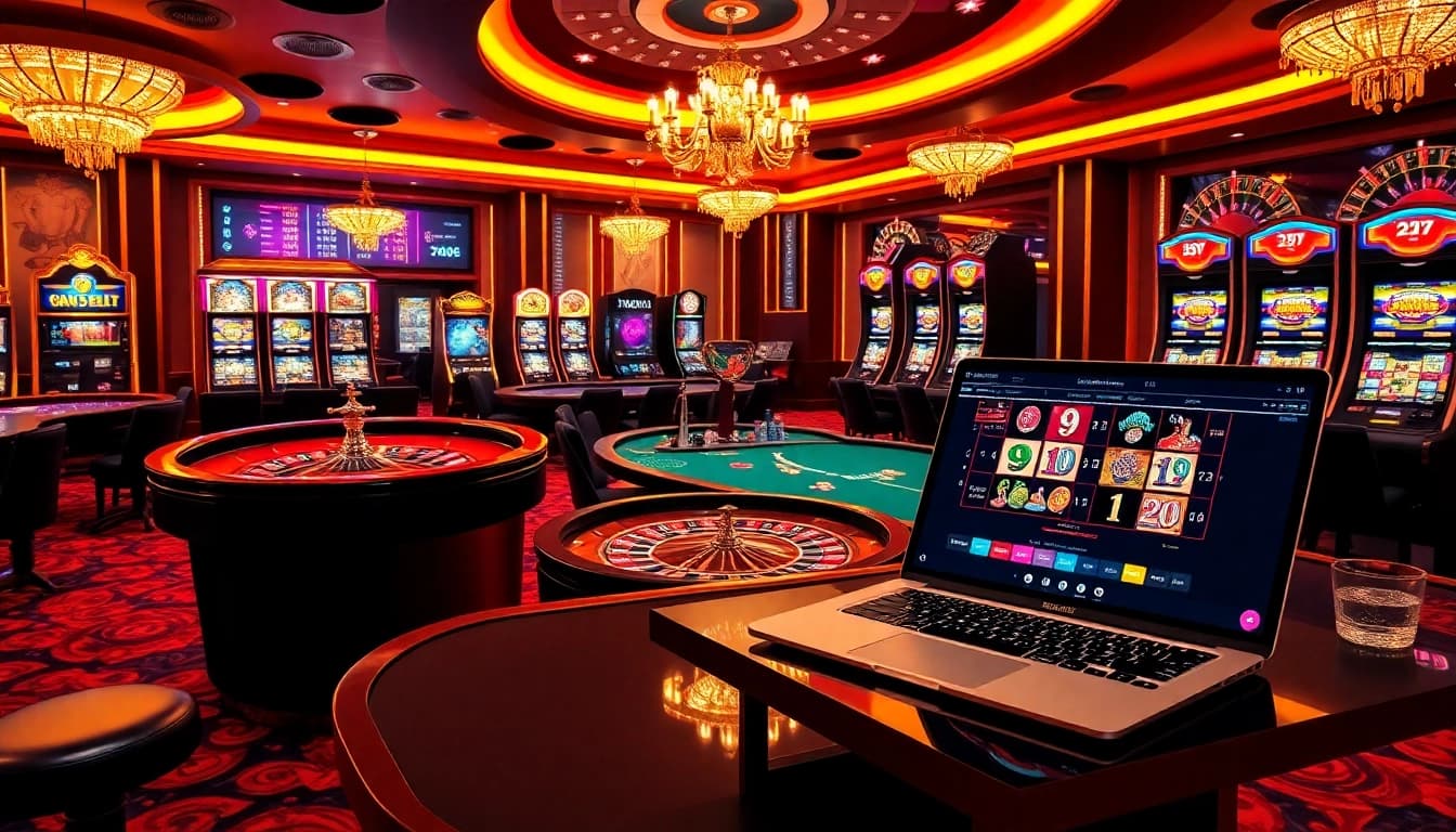 Vivez l'excitation du casino en ligne France avec une configuration de jeu luxueuse comprenant des tables de poker et une roulette.