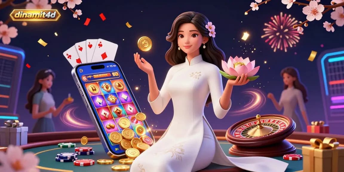 Win big with dinamit4d in this vibrant casino scene featuring spinning slot reels and cash rewards.