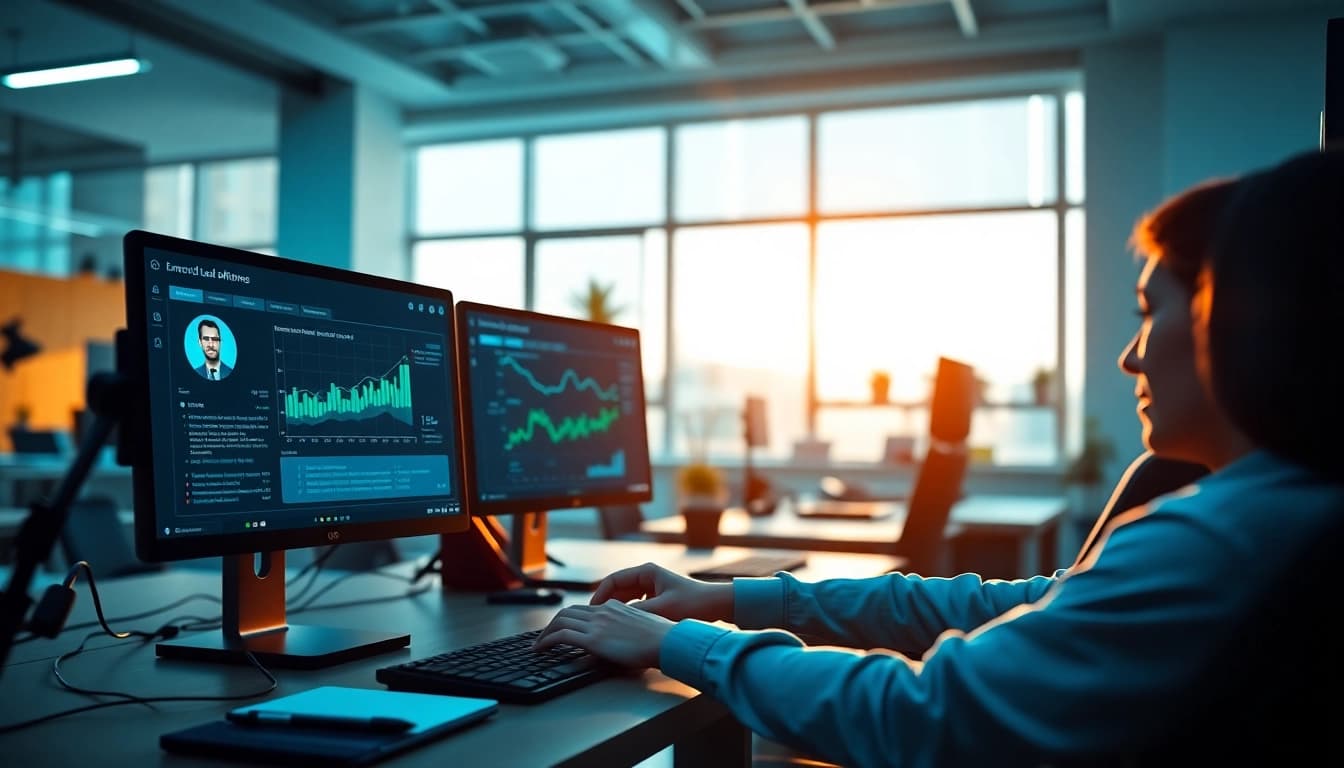 Engaging scene showcasing a digital marketer utilizing linkedin lead scraping software in a modern workspace.