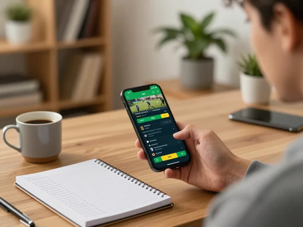 Sports betting with soi keo nha cai app displayed on smartphone, cozy home office setting