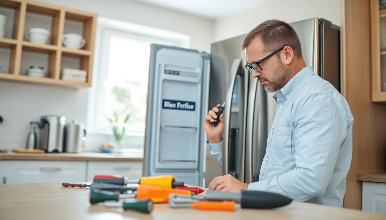 Technician performing refrigerator repair ottawa in a bright kitchen setting with tools.
