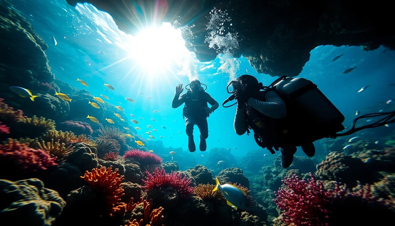 Schnuppertauchen in vibrant coral reefs with a diver exploring marine life.