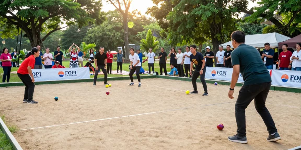 Permainan petanque di fopikotatarakan.org, pemain bersemangat dan penonton menyemangati.