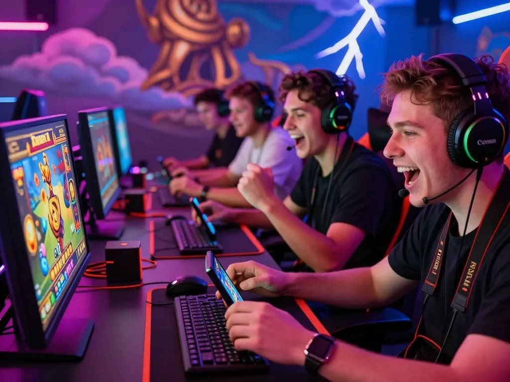 DRAGON222 players celebrating wins in Zeus-themed slot games with vibrant atmosphere and gaming gear