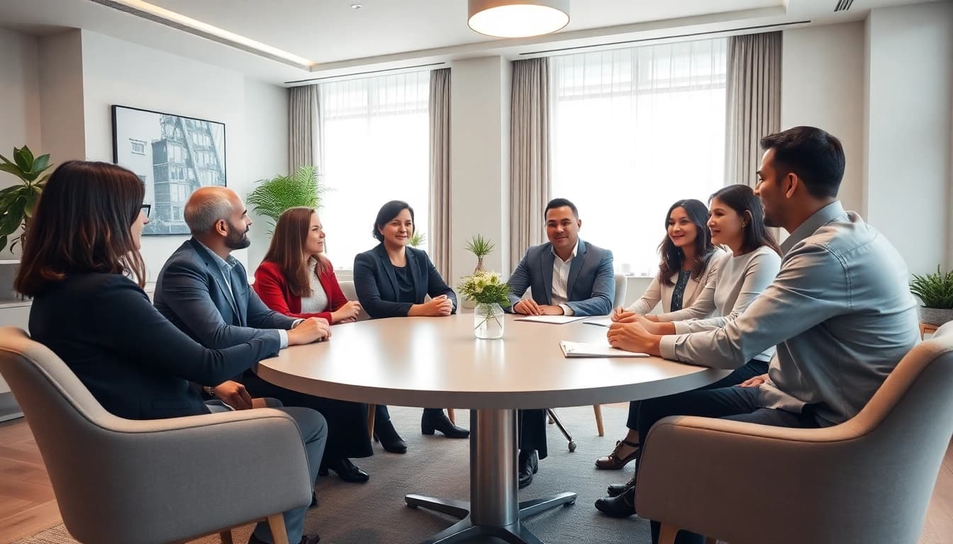 Mediation session in a professional setting focusing on collaboration and dialogue.