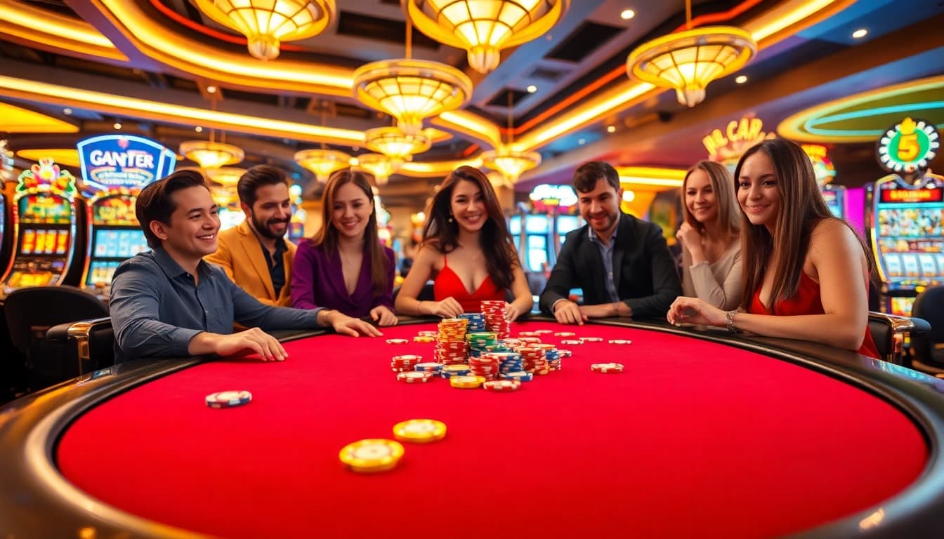 Spieler genießen casino online spiele an einem farbenfrohen Poker Tisch in einer lebhaften Casino Umgebung.