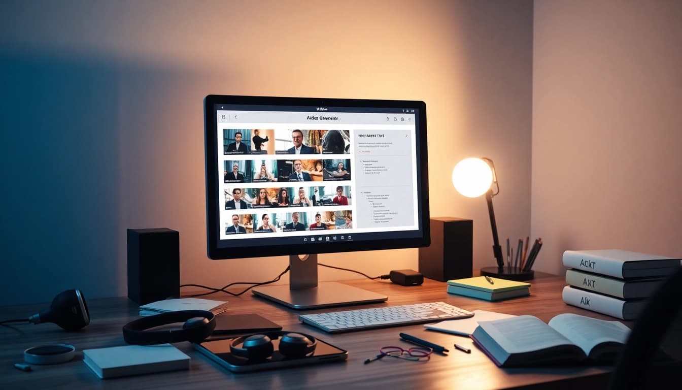 Professional workspace with video to promptgenerator interface and modern tech elements