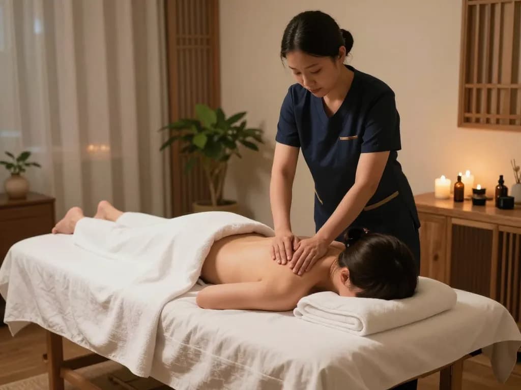 Relaxation scene of a 부전동마사지 therapist providing a calming massage in a tranquil spa environment.