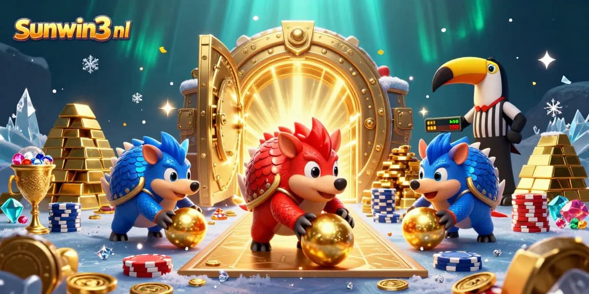 Engage with sunwin3 nl in a vibrant 3D casino scene featuring rival pangolins playing with golden prizes.