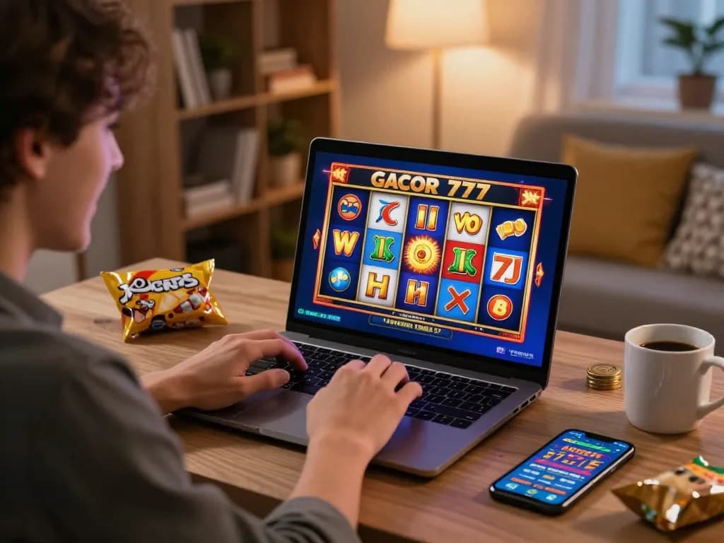 Engaging with slot gacor 777 on a laptop at home, showcasing a vibrant online gaming setup.
