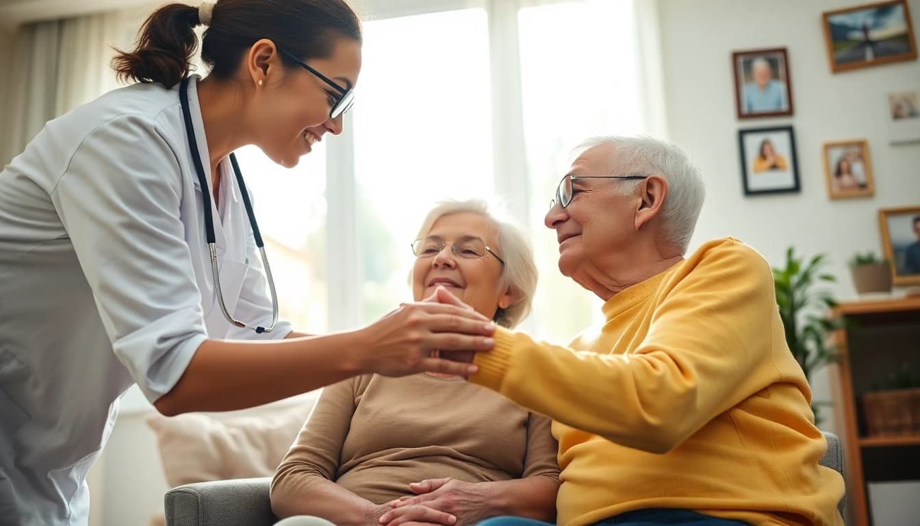 At home health care provider engaging with an elderly patient in a homely setting.