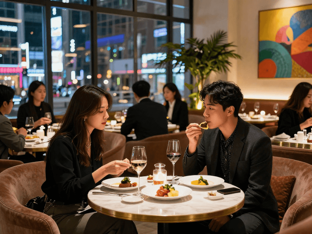 강남 달토의 고급 레스토랑에서 식사를 즐기는 커플의 모습