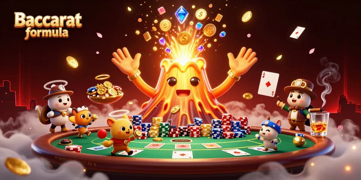 Unleashing your Baccarat formula with animated golden volcano, treasure animals, and vibrant casino elements