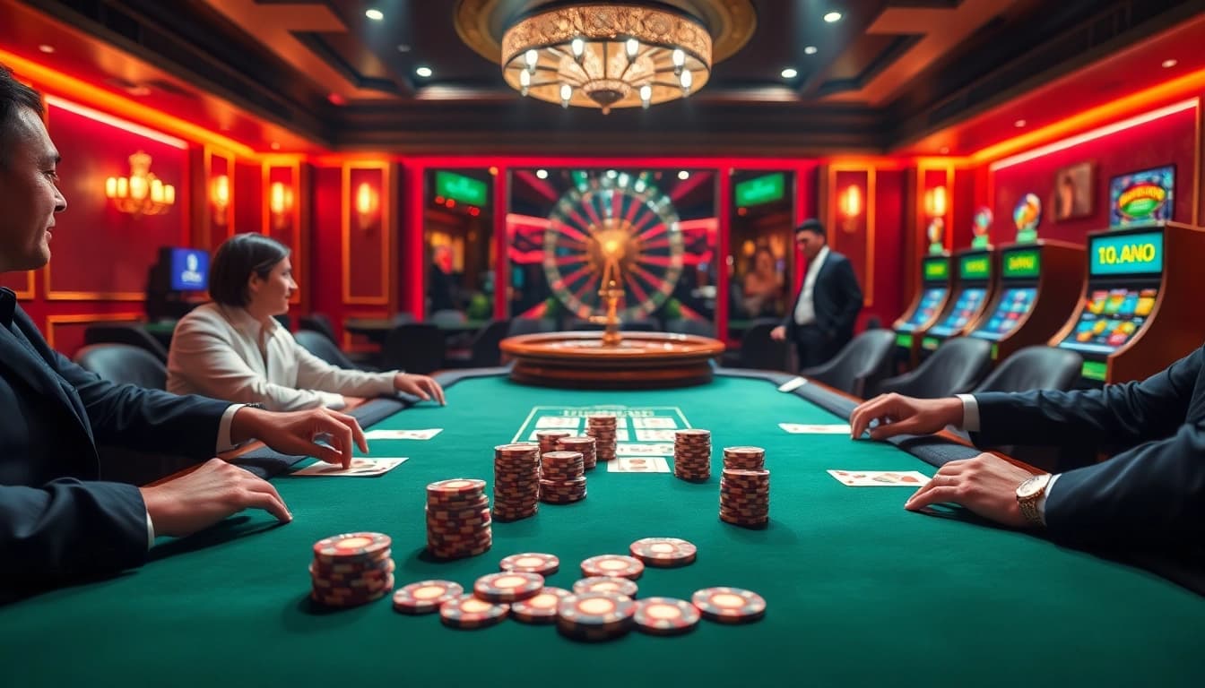 Vivez une expérience de jeu palpitante à une table de poker en ligne avec des jetons et des cartes vibrantes.