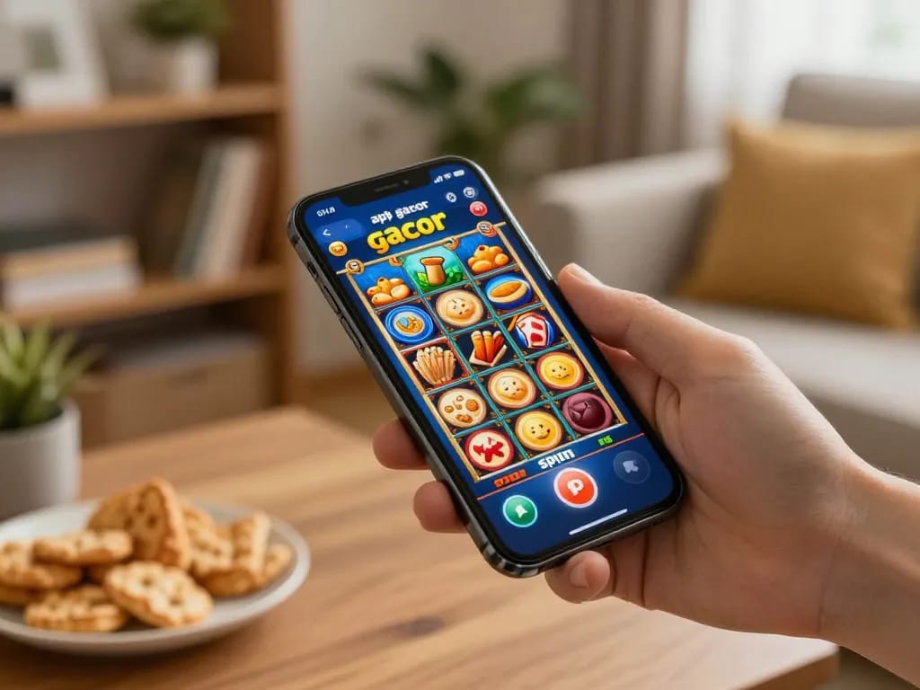 Playing apk gacor on a smartphone during an engaging home gaming session, showcasing vibrant colors and cozy atmosphere.