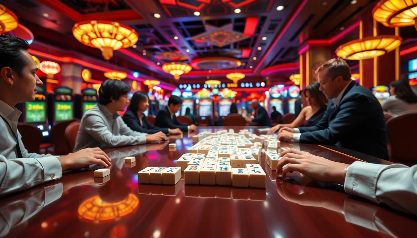 Bermain demo mahjong dengan pemain yang terlibat di meja kasino yang megah.