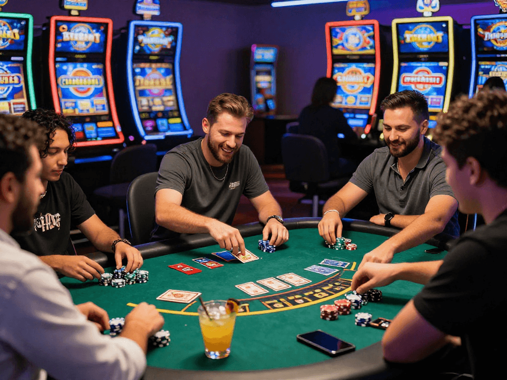 Experience the excitement at credit card casinos online with players enjoying live dealer games and vibrant slot machines.