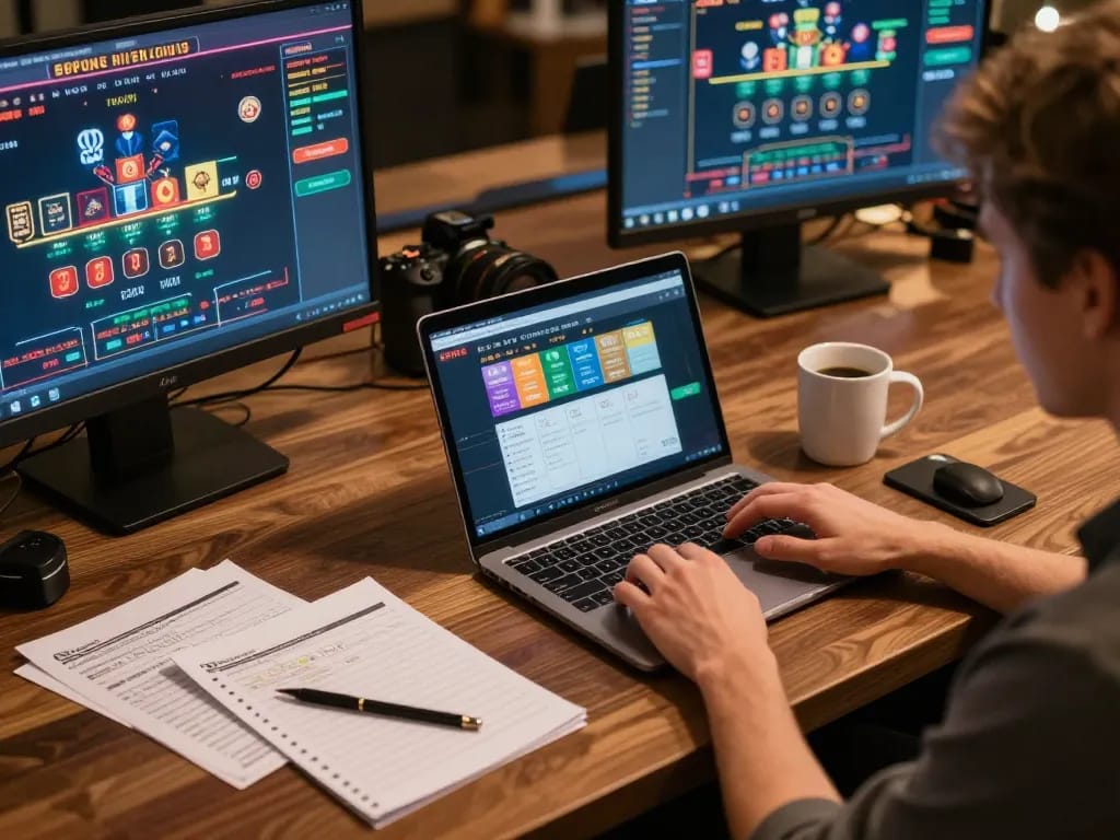 Engaging in live dealer games on 388bet from a cozy home setup, laptop showing vibrant casino graphics.