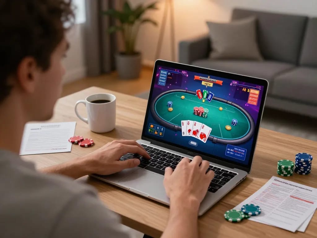 Join the action with MM88 while playing poker online in a modern home setting, showcasing strategy.