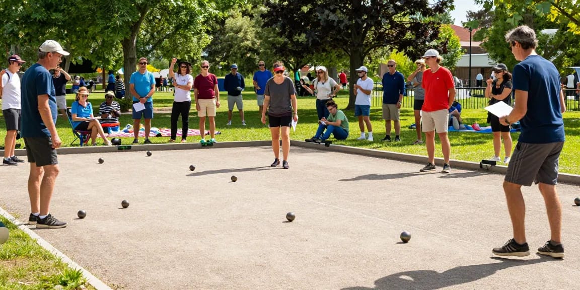 Permainan petanque di taman komunitas yang cerah, menampilkan semangat sportivitas FOPIKotaPontianak.org.
