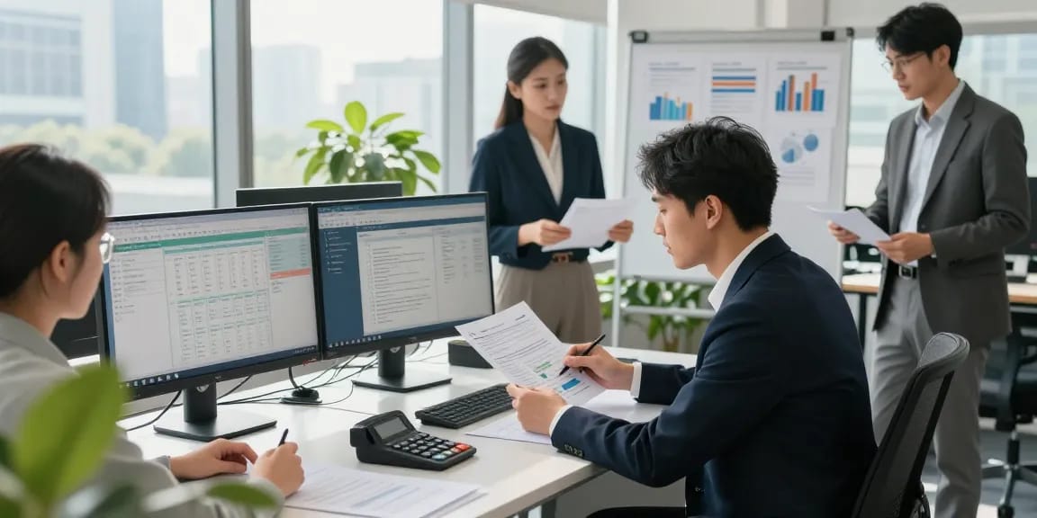 Member AAFI KOTA BOGOR memeriksa dokumen keuangan di kantor modern.