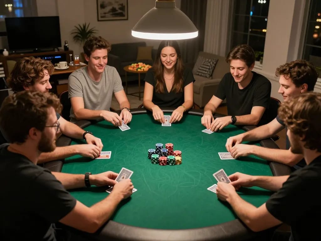 Pemain terlibat dalam permainan poker kompetitif dengan kartu dan chip di meja dalam suasana rumah yang nyaman.