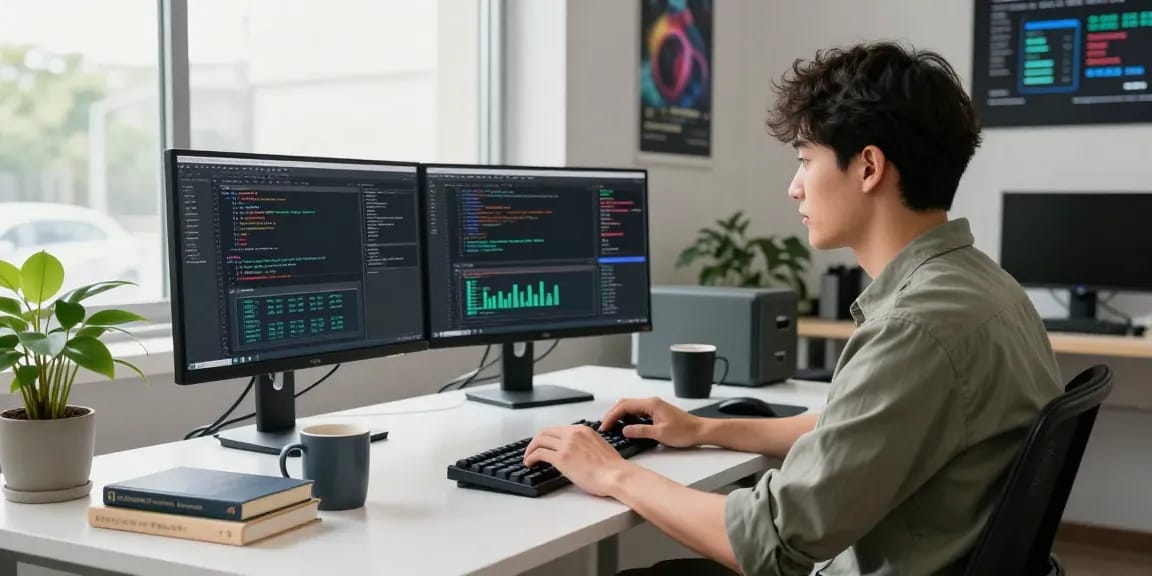 Crushon software engineer coding with multiple screens in a modern workspace