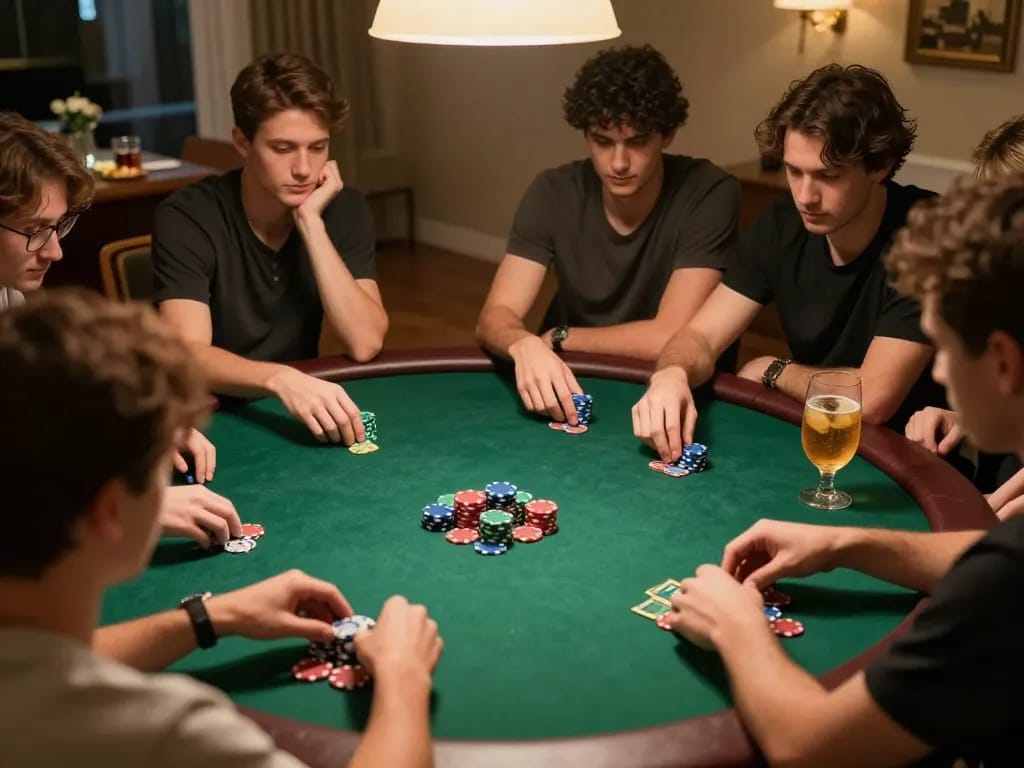 Players engaging in a high-stakes poker match at home, showcasing strategies in casino senza licenza adm.