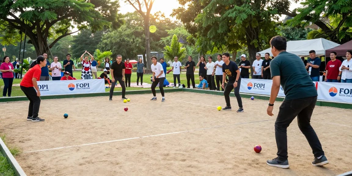 Permainan petanque di fopikotatarakan.org, pemain bersemangat dan penonton menyemangati.