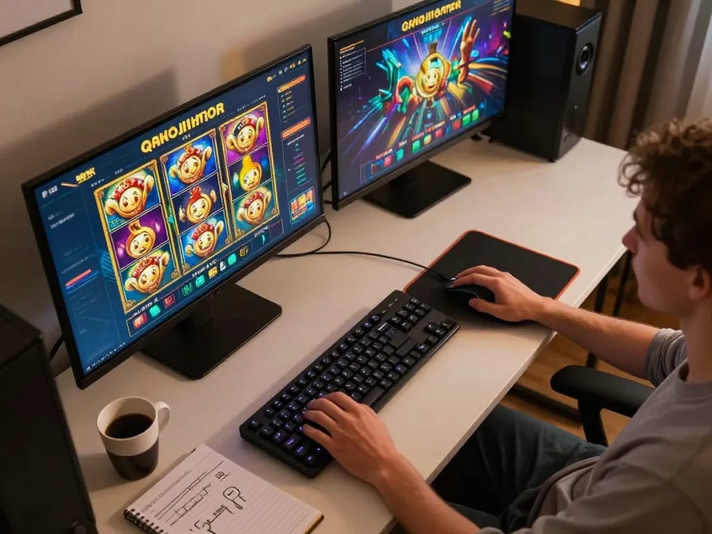 Engaging gameplay on slot gacor interface from a stylish home setup with multiple screens.