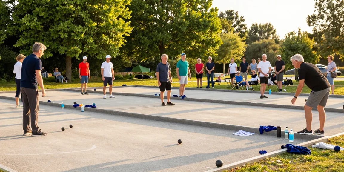 Suasana petanque di fopikotamanado.org dengan pemain beragam menikmati turnamen di lapangan terbuka.