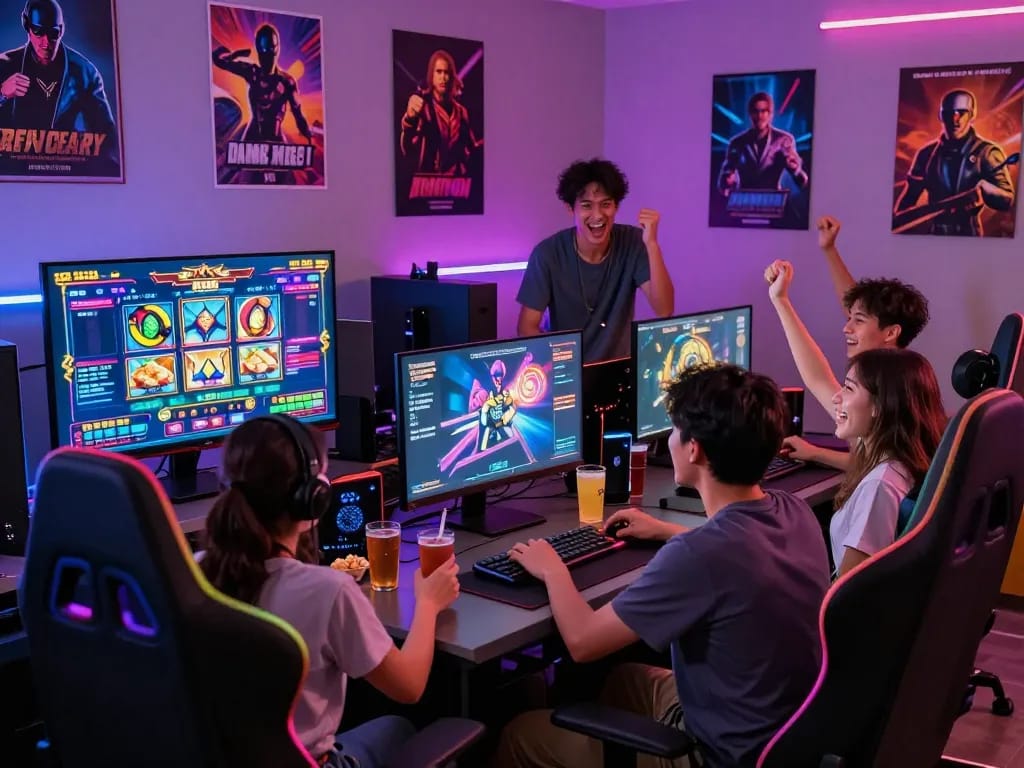 Teman-teman menikmati pengalaman bermain game online di ruang permainan yang meriah, menampilkan kegembiraan slot gacor hari ini.