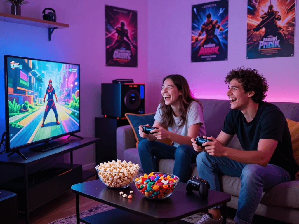 Friends enjoying an adult game night with vibrant lights and snacks.