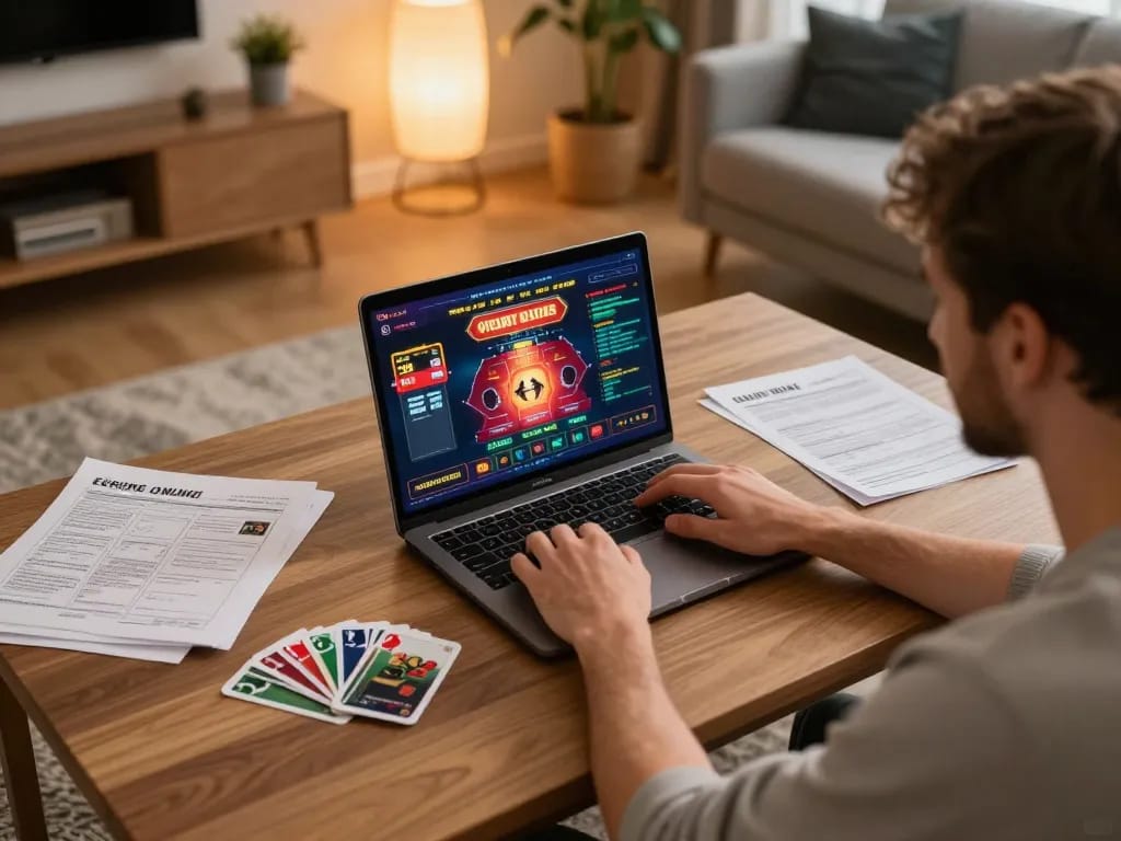 Engaged player enjoying casino europei online on laptop with warm cozy atmosphere and strategic notes