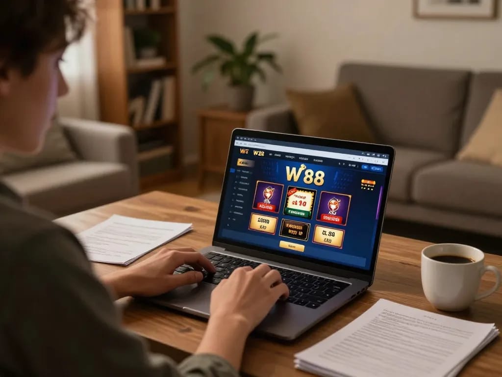 Player enjoying W 88 online gaming experience at home, highlighting strategic gameplay in a cozy setting.