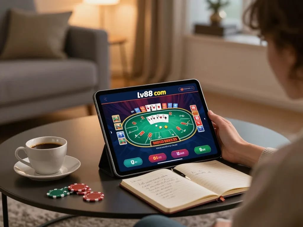Engaging with lv88 com online casino app in a cozy home setting.