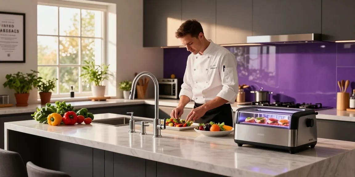Elegant kitchen faucets in a modern kitchen with chef preparing a gourmet meal, showcasing functionality and style.
