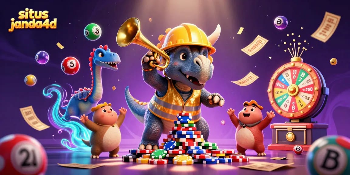 Permainan mengasyikkan di situs janda4d, dengan triceratops dan parasaurolophus merayakan kemenangan jackpot.