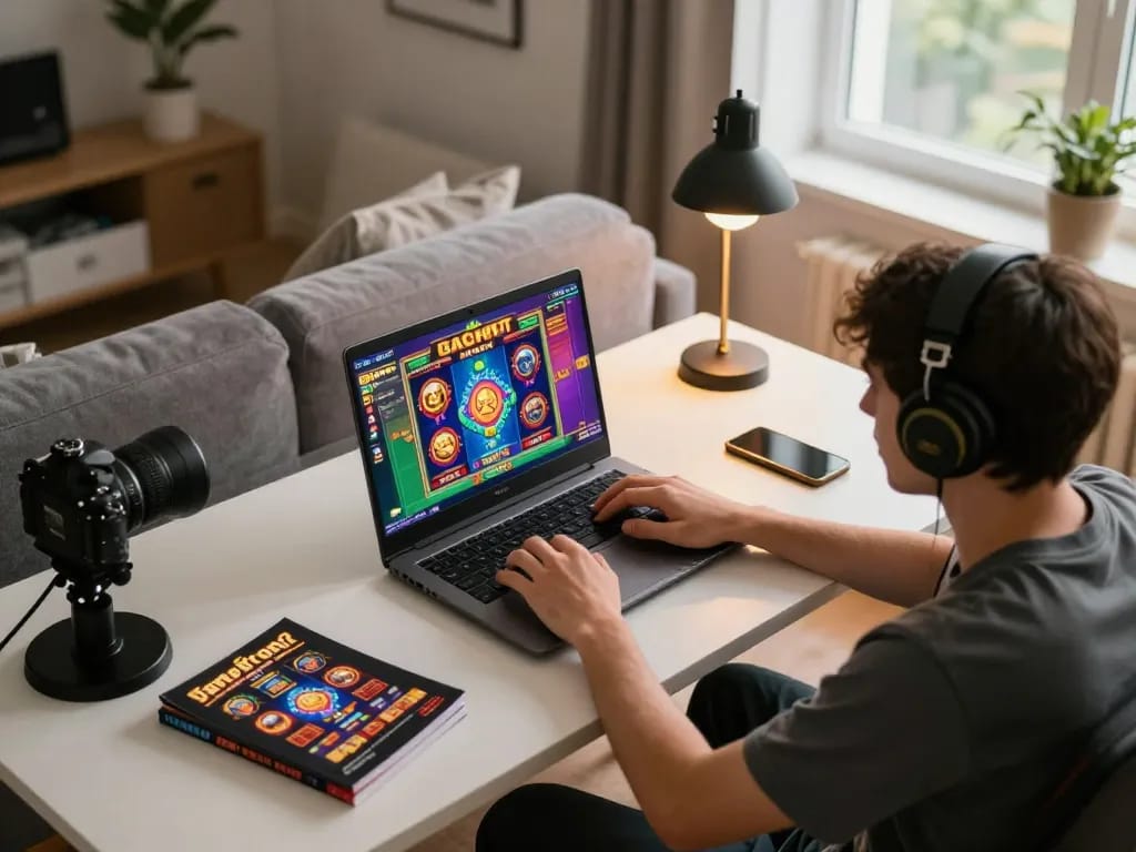 Player enjoying slot gacor online gaming at a stylish desk setup, showcasing strategy elements and cozy atmosphere