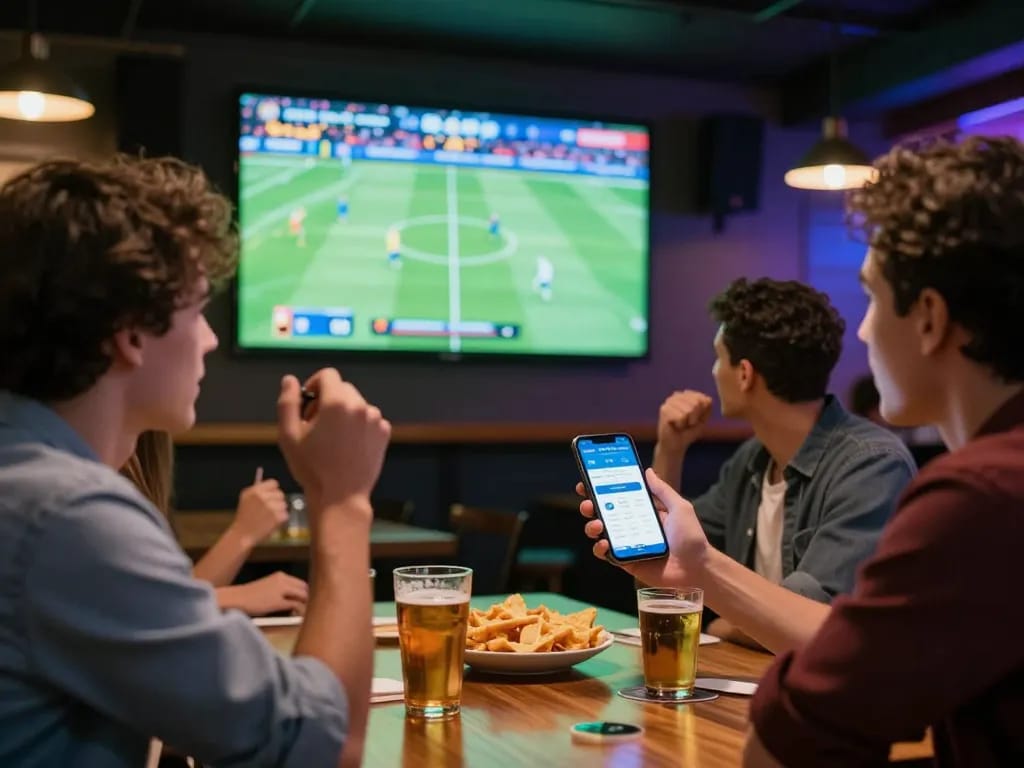 Engaged in sports betting on a mobile app, showcasing siti scommesse esteri in a lively bar setting